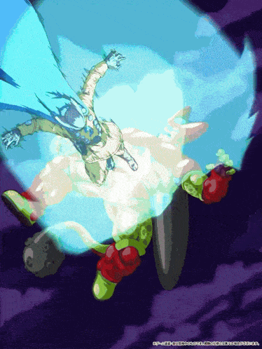 a cartoon drawing of a man flying through the air with a blue background