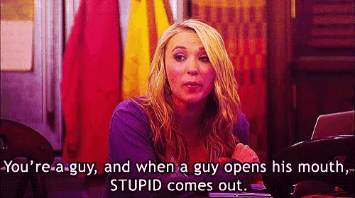 a woman in a purple shirt says " you 're a guy "
