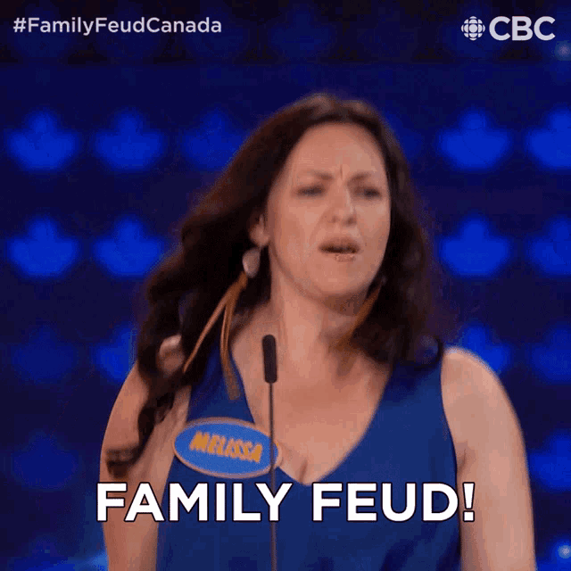 a woman in a blue shirt with the name melissa on it says family feud