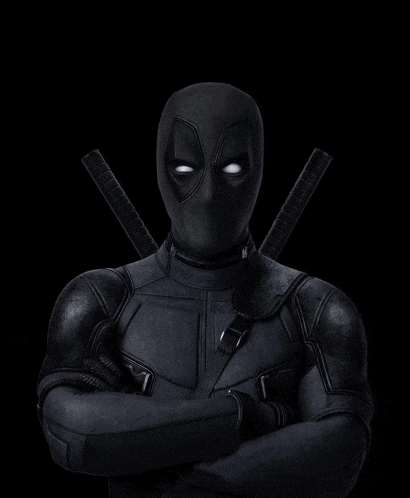 a black deadpool with his arms crossed and two swords behind his back