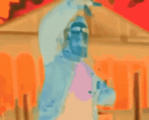a painting of a man standing in front of a red sky