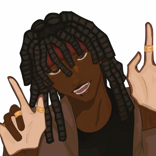 a drawing of a man with dreadlocks and gold rings on his hands