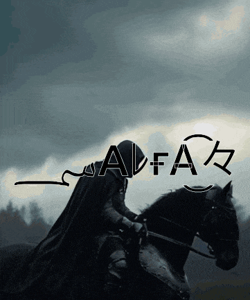 a man in a black cape riding a black horse with the word alfa written below him