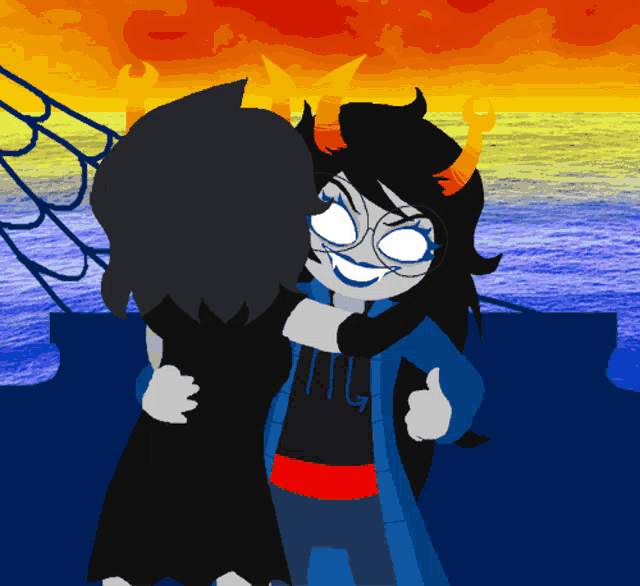a cartoon of two trolls hugging with one wearing a shirt that says ' i 'm a troll '