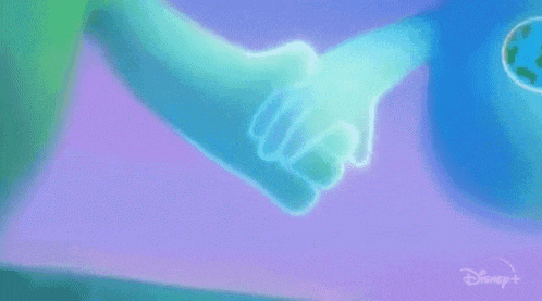 a painting of two hands holding each other with a glowing hand coming out of them .