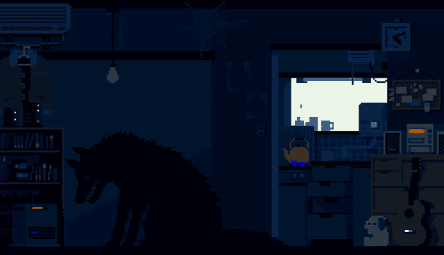 a pixel art drawing of a wolf standing in a dark room