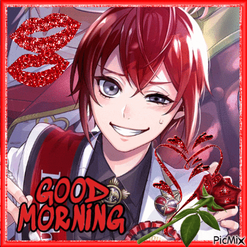 a good morning greeting card with a red haired anime character holding a rose