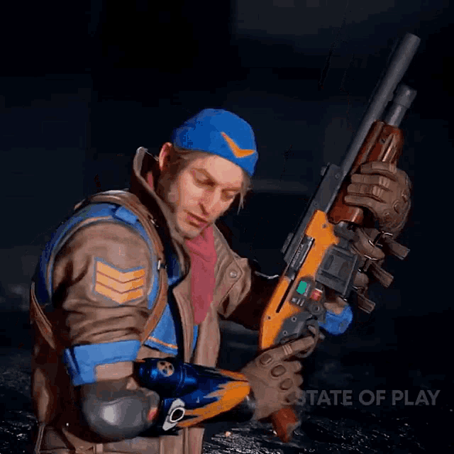 a man in a blue hat is holding a shotgun with the words state of play behind him