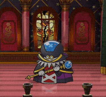 a cartoon character is holding a wand in a room
