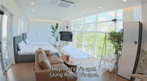 a living room with a couch and a bed and the words hey that 's iv 's spot jung kook 's spot