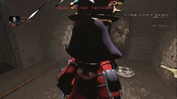 a screenshot of a video game shows a character with a red cape and a purple hat