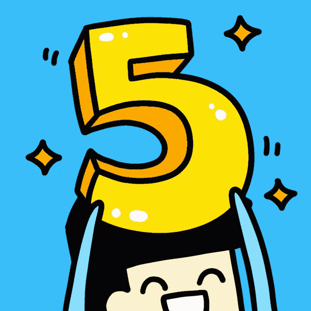 a cartoon drawing of a person holding a yellow number 5