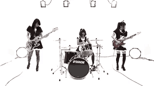 a girl is playing a guitar in a band with a sonor drum set
