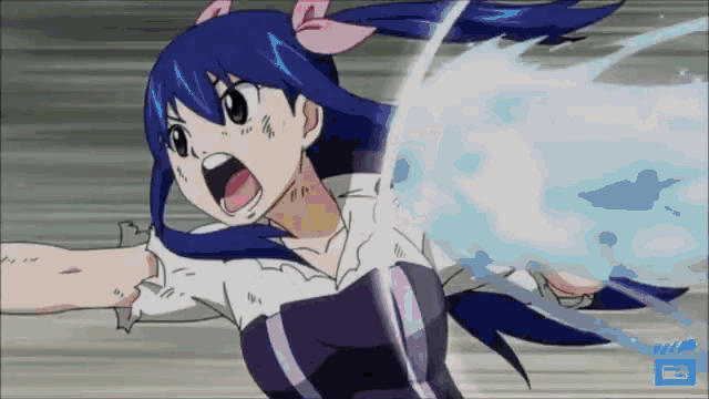 wendy from fairy tail is holding a blue beam of water