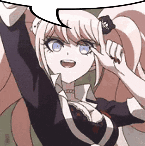 a close up of a girl with a speech bubble behind her .
