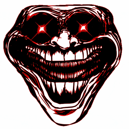 a cartoon drawing of a troll face with red eyes