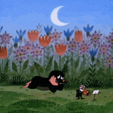 a cartoon of a mole playing a violin in a field of flowers with a crescent moon in the background