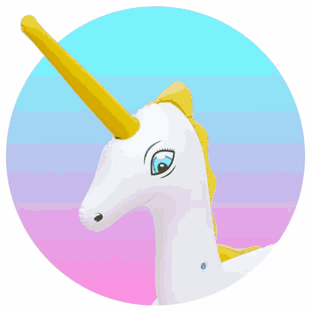 a white inflatable unicorn with a yellow horn