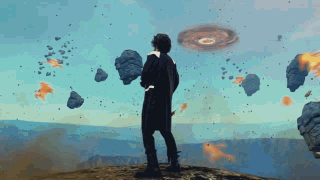 a man in a black coat stands on top of a rocky hill looking at floating rocks in the air