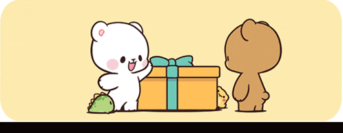 a cartoon drawing of two bears looking into a gift box