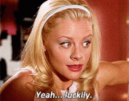 a blonde woman wearing a headband is saying yeah ... luckily .