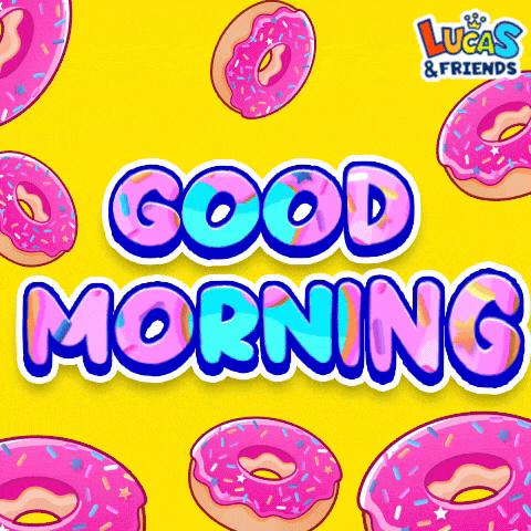 a yellow background with pink donuts and the words good morning lucas & friends