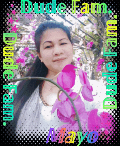 a picture of a woman with purple flowers and the name dude tam