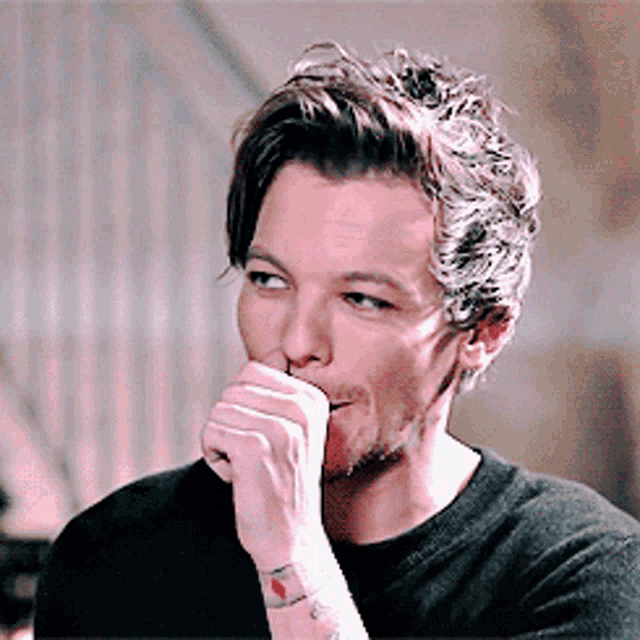 a man with a tattoo on his wrist has his hand on his mouth