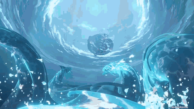 a computer generated image of a sphere in the middle of a body of water