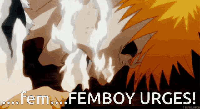 a picture of two anime characters with the words femboy urges on the bottom