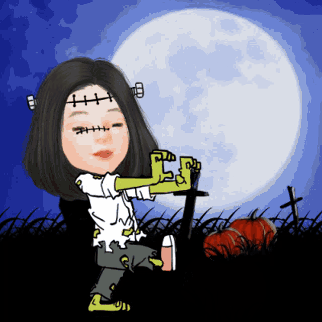 a cartoon of a girl dressed as frankenstein