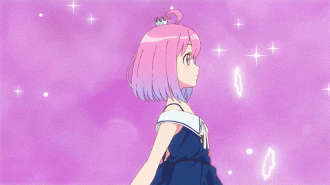 a girl in a blue dress and white knee high socks is standing on a pink background