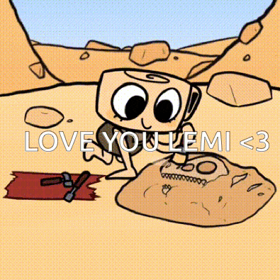 a cartoon character is standing next to a large rock with the words love you demi < 3 below it