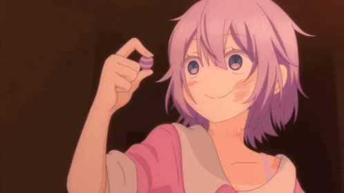 a girl with purple hair is smiling and holding a purple candy