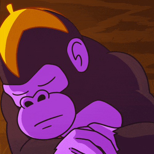 a cartoon drawing of a gorilla with a purple head