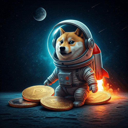 a doge wearing a space suit is surrounded by gold coins