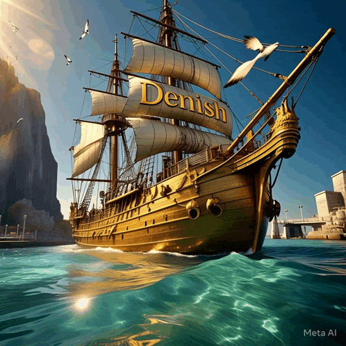 a painting of a sailboat with the name denish on the sails