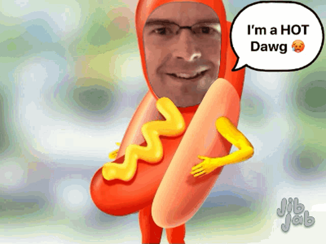 a man in a hot dog costume says " i 'm a hot dawg " in a speech bubble
