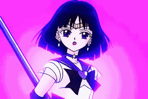 a girl with purple hair is holding a sword on a purple background