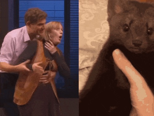 a man is holding a woman in his arms and a cat is being held by a person