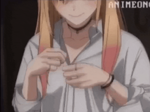 a blonde anime girl with red hair is taking off her shirt and smiling .