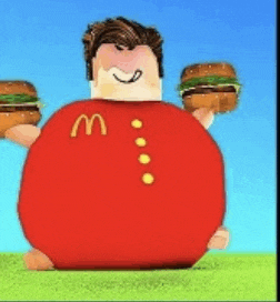 a cartoon character in a red mcdonald 's shirt is holding two hamburgers .
