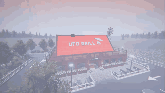 an aerial view of the ufo grill restaurant at night