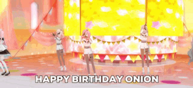 two anime girls are dancing on a stage with the words happy birthday onion written below them .