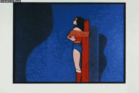 a cartoon of wonder woman tied up by a rope
