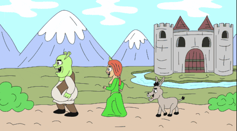 shrek and fiona are walking in front of a castle and mountains