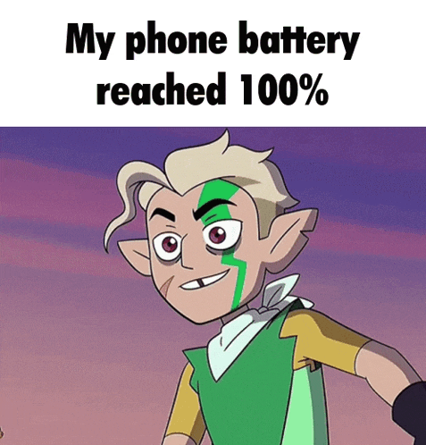 a cartoon character with the words " my phone battery reached 100 % "