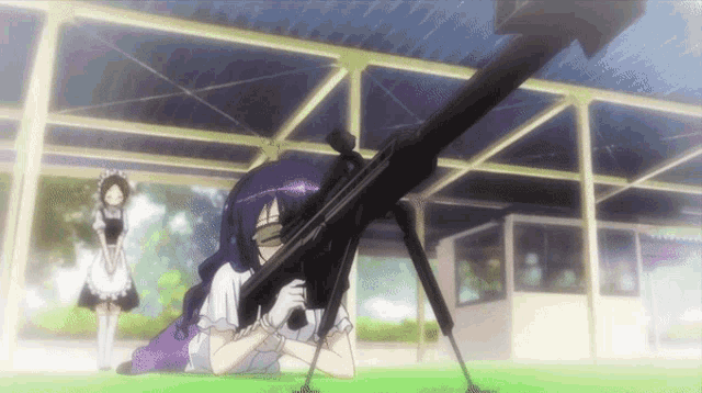 a girl with purple hair is laying down holding a rifle