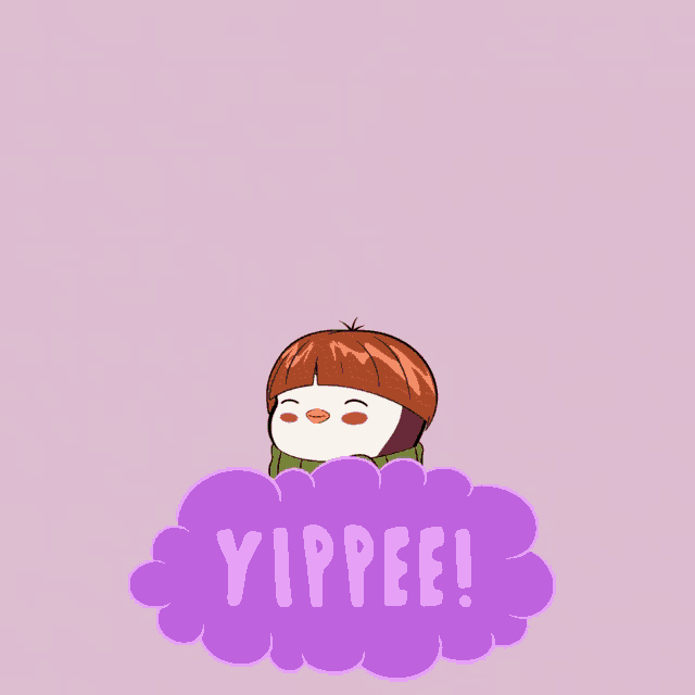 a penguin wearing a scarf is sitting on a purple cloud with the word yippee written on it