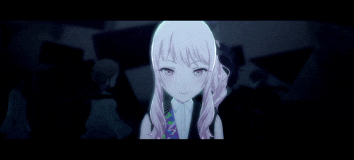 a girl with white hair and pink eyes is standing in the dark and smiling .